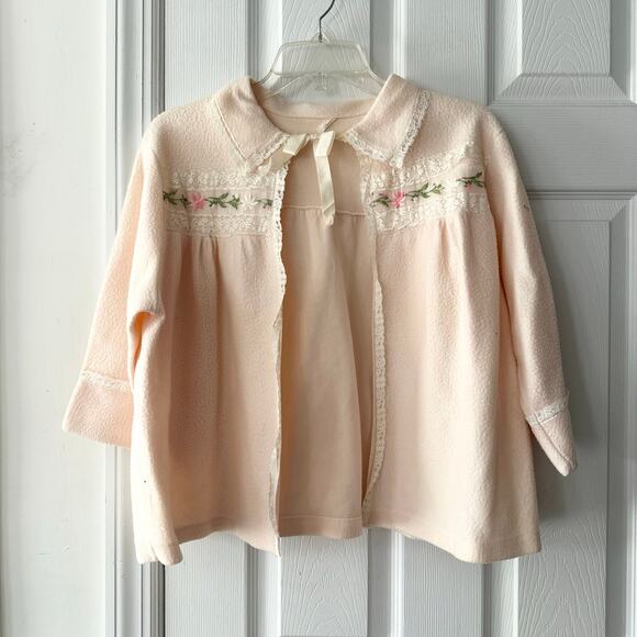 Vintage Other - Vintage Pink Peach Fleece Fleece Lace Trim Bed Jacket Capelet No Size S/M
